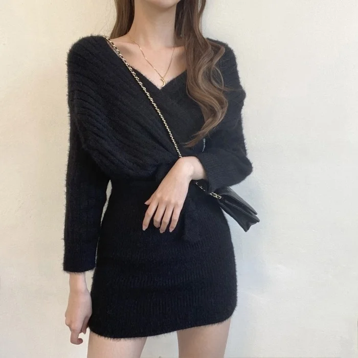 Korean Chic Autumn Cross V-neck Drop-Shoulder Long-Sleeve Lace-up Waist-Controlled Sweater Miniskirt Dress | Женская одежда