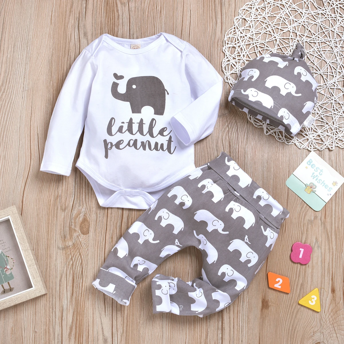 

PatPat 2021 New Spring 3-piece Baby LITTLE PEANUT Elephant Bodysuit and Pants with Hat Set
