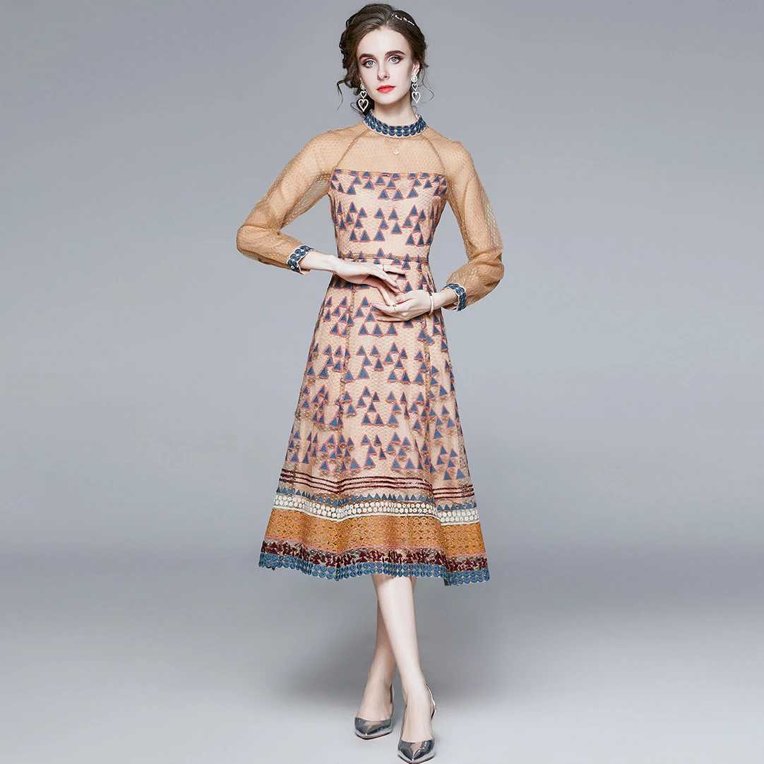 

French retro dress women long sleeve long dress vestido midi elegante Vintage Regular womens formal dresses O-Neck
