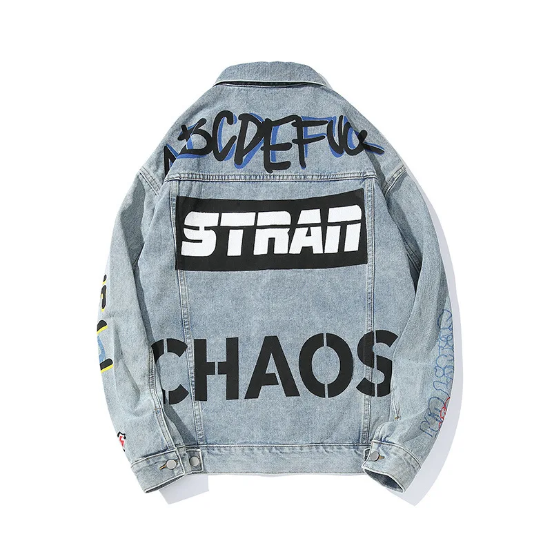 

ABOORUN Hip Hop Graffiti Denim Jackets Men's Funny Spoof Denim Jackets Streetwear Oversize Cotton Coat Male Outerwear