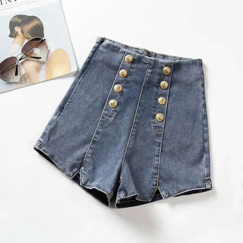 Женские джинсовые шорты с завышенной талией эластичные трапециевидные в