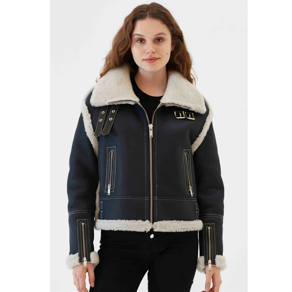 2019 New Womens B3 Shearling Jacket Turkey Sheepskin Coat Blue Leather Jacket Biker Coat Short Fur Jacket