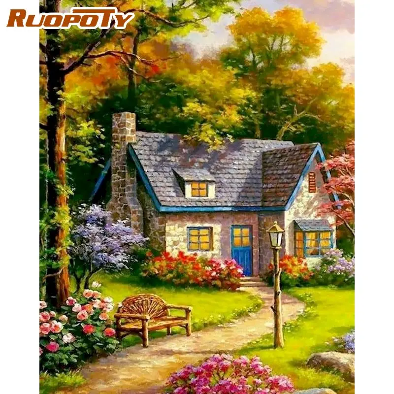 

RUOPOTY Forest House Scenery Painting By Numbers For Adults Children HandPainted Diy Gift Modern Home Living Room Decor Photo