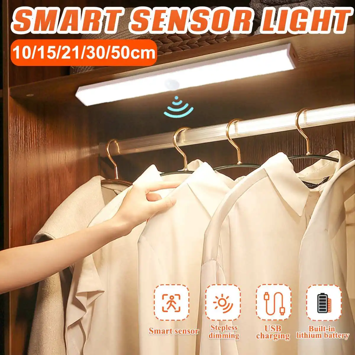 

Светодиодный ночсветильник с датчиком движения и зарядкой от USB, 10/15/21/30/50 см