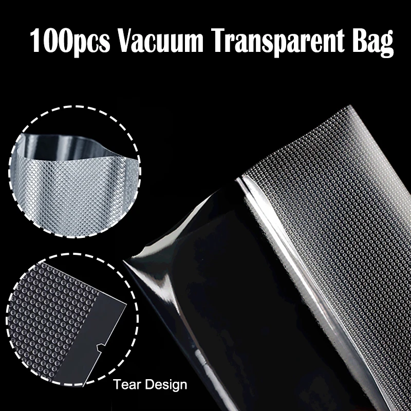 

100PCS Kitchen Food Vacuum Sealer Bag Single-Sided Texture Heat-Sealed Compressed Transparent Mesh Bag for Vacuum Food Sealers