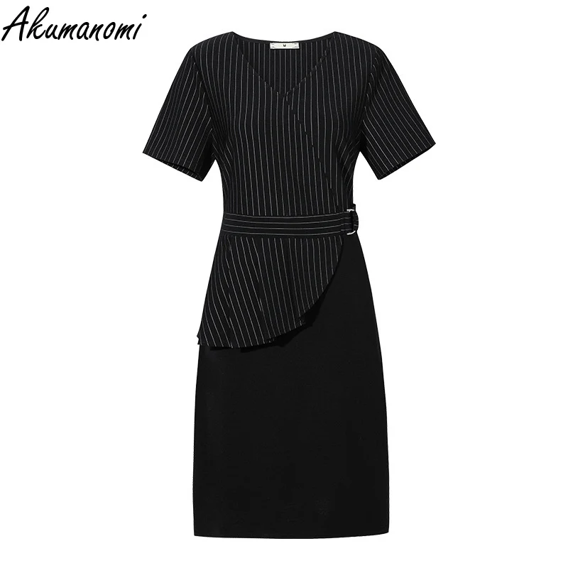 

Striped Black Woman Dress For Summer Plus Size 5xl 4xl 3xl Xxl V-neck Short Sleeve French Vintage Zipper Midi Dress Za Robe 2021
