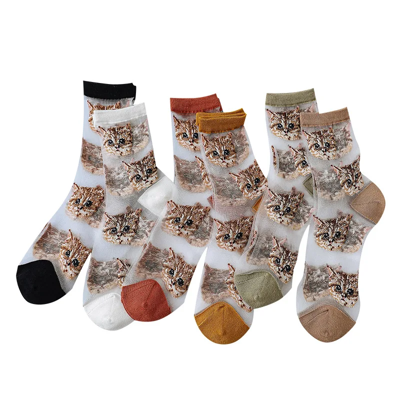 

New product socks, women, personalized cat card stockings, sweat-absorbent and breathable glass silk in-tube female socks