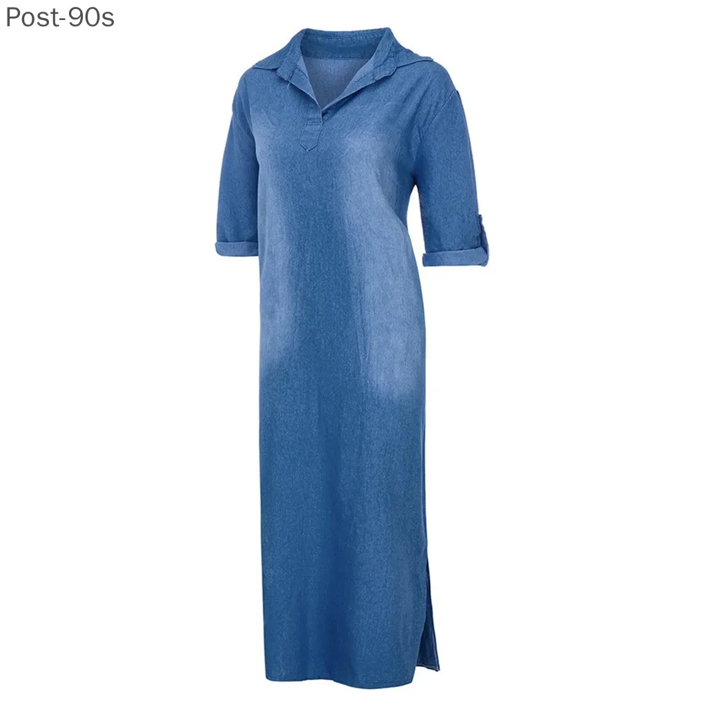 

Summer Women's Casual Denim Dress Cowboy Jeans Long Dresses Short Sleeve Fashion V-Neck Ankle Length Dress Cowbo Maxi Dress
