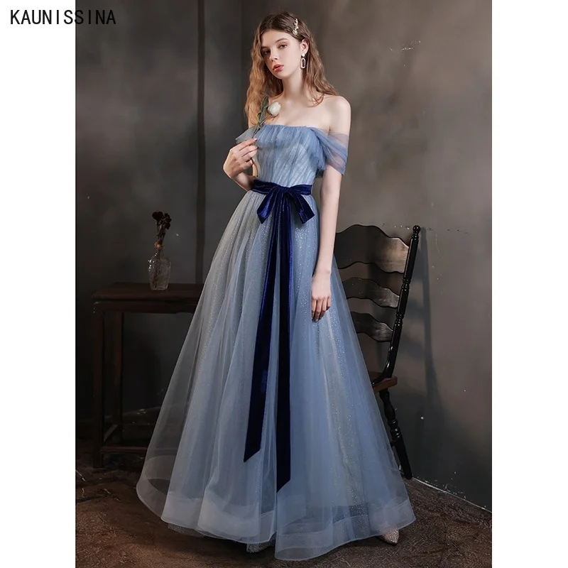 

KAUNISSINA Blue Evening Dress Women Off the Shoulder Sexy Tulle A-Line Long Dresses Evening Gowns Elegant Party Robe Vestidos