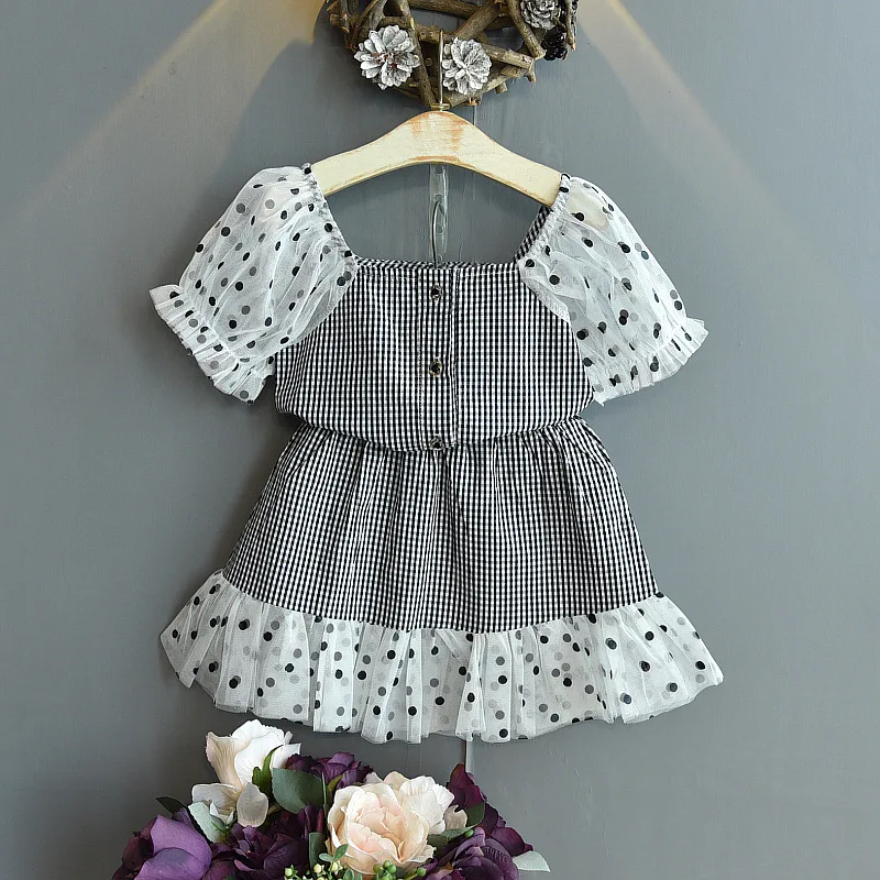 

Girls' suit 2022 summer new wave dot puff sleeve stitching plaid top T-shirt + lace skirt toddler girl clothes