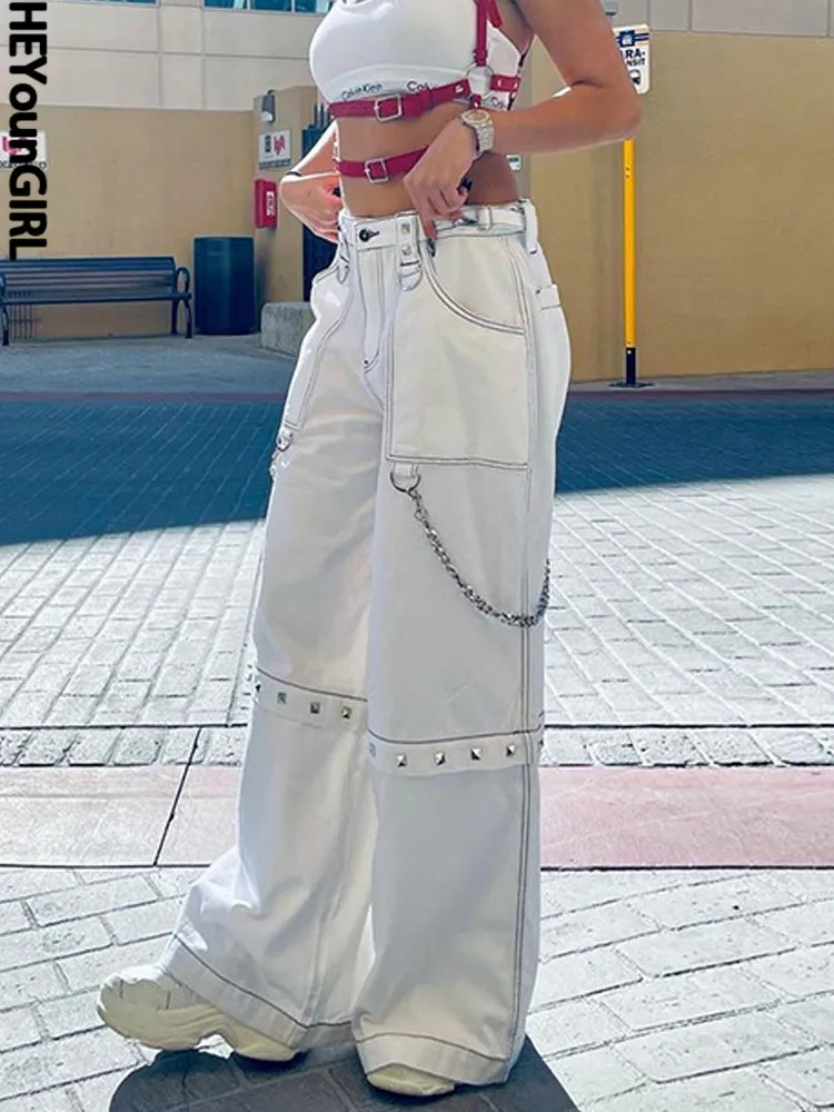 

Женские джинсы HEYounGIRL с заниженной талией и широкими штанинами, модные повседневные джинсовые брюки в стиле Харадзюку с заклепками и цепочк...