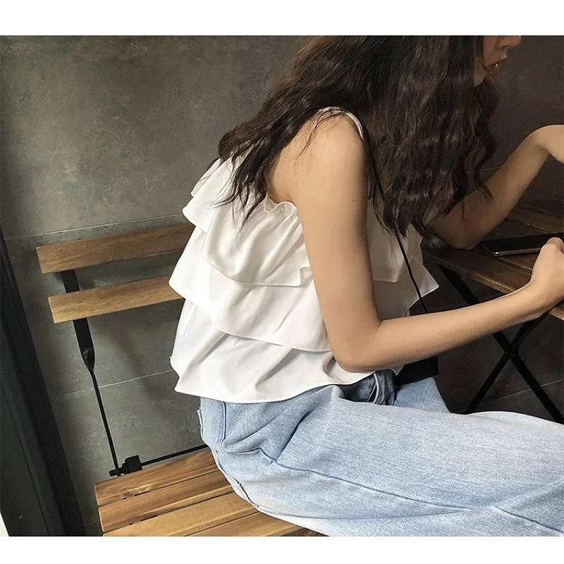 

Camis Women Summer Ruffles Sweet Korean Style Camisoles Fashion Elegant Loose Sexy Chic Solid Color Womens Streetwear Tops