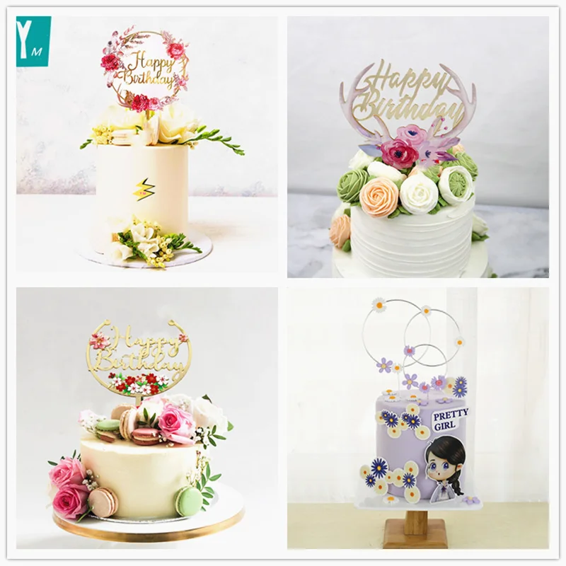 

INS 3D color flower Happy Birthday Cake Topper High-grade acrylic birthday party Cupcake topper supplies cake Dessert decoration
