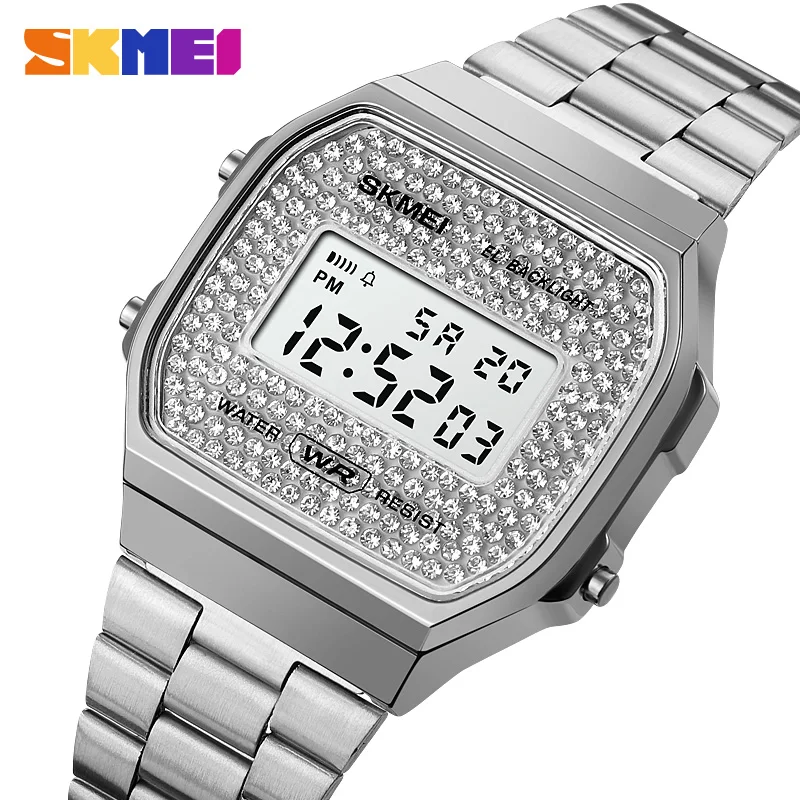 

Men's Sport Watch Steel Strap Luxury SKMEI Electronic Wristwatches Men Diamond Dial Digital Watches Mens 2021 Relogio Masculino
