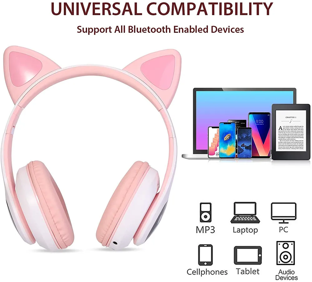 Cute Cat Ears Bluetooth LED Wireless Headphones with Mic Can control Kid Girl Stereo Music Helmet Phone Headset Gift | Электроника