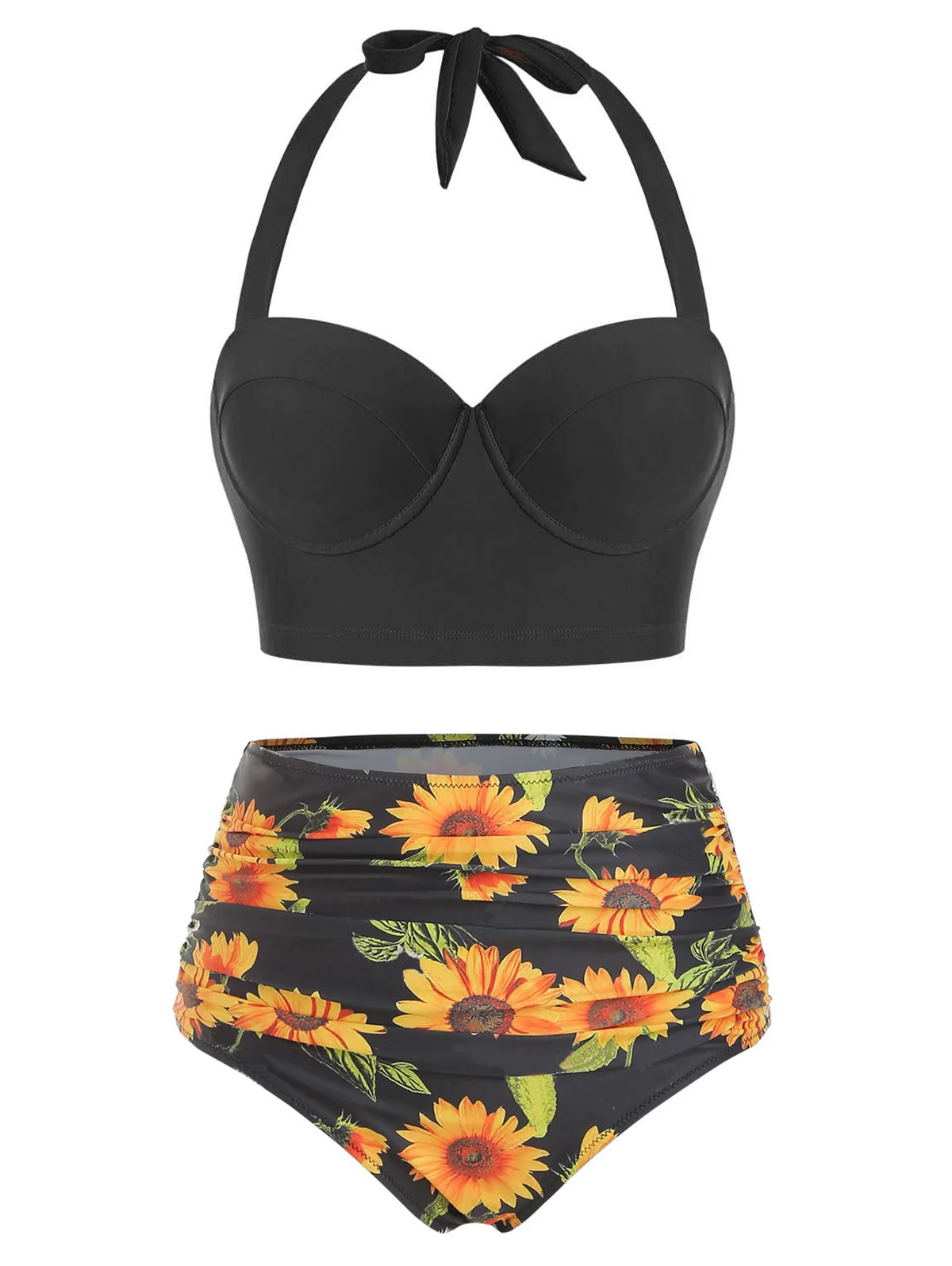 

Wipalo Plus Size 3XL Sunflower Print Underwire Halter Bikini Sets Women Swimsuit Padded Tankini Set Biquini Summer Beach Wear