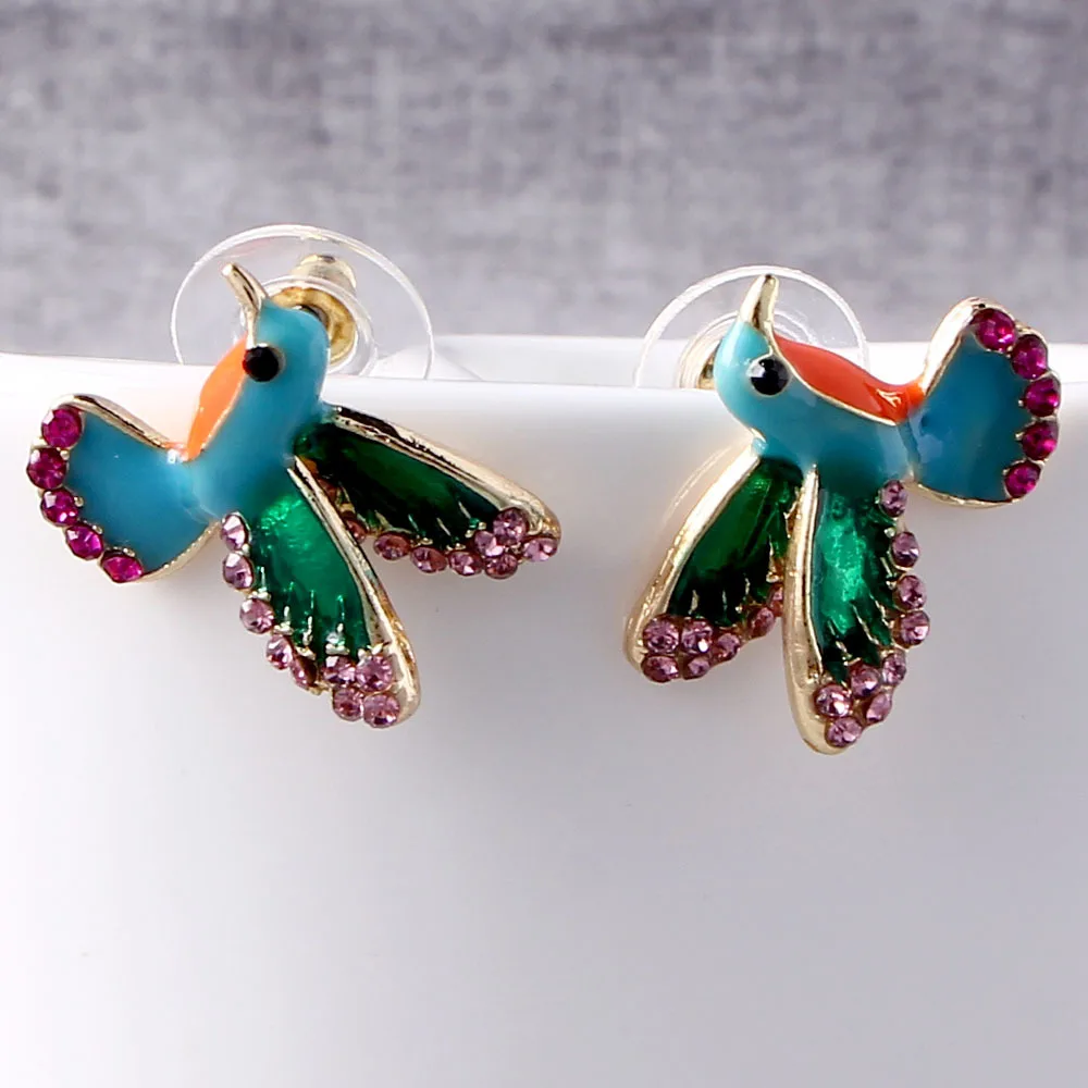 Панк Эмаль птица Серьга гвоздик с розовым прозрачным кристаллом для женщин