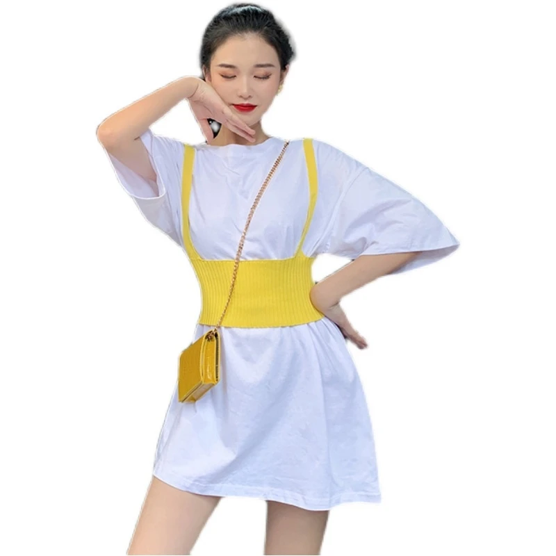 

2021 Spring and Summer New Casual All-Match Knitted Camisole + Mid-Length T-shirt Short Sleeve Skirt Two-Piece Set Top Women