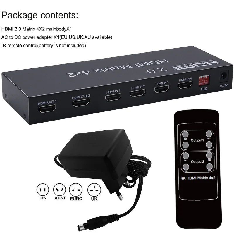 

4x2 HDMI Matrix Switch,4 in 2 Out Matrix HDMI Video Switcher 4K@60Hz 3D Audio Extractor with IR Remote Control & Power Adapter