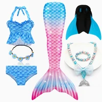 new 7pcsset kids girls mermaid tails with fin bikini bathing suit dress for girls with flipper swimsuit necklace garland