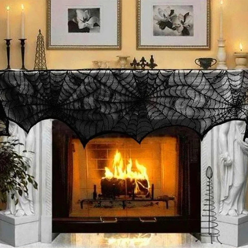 

New style Black Lace Spider Web Tablecloth Table Lamp Fireplace Cover Halloween Decoration