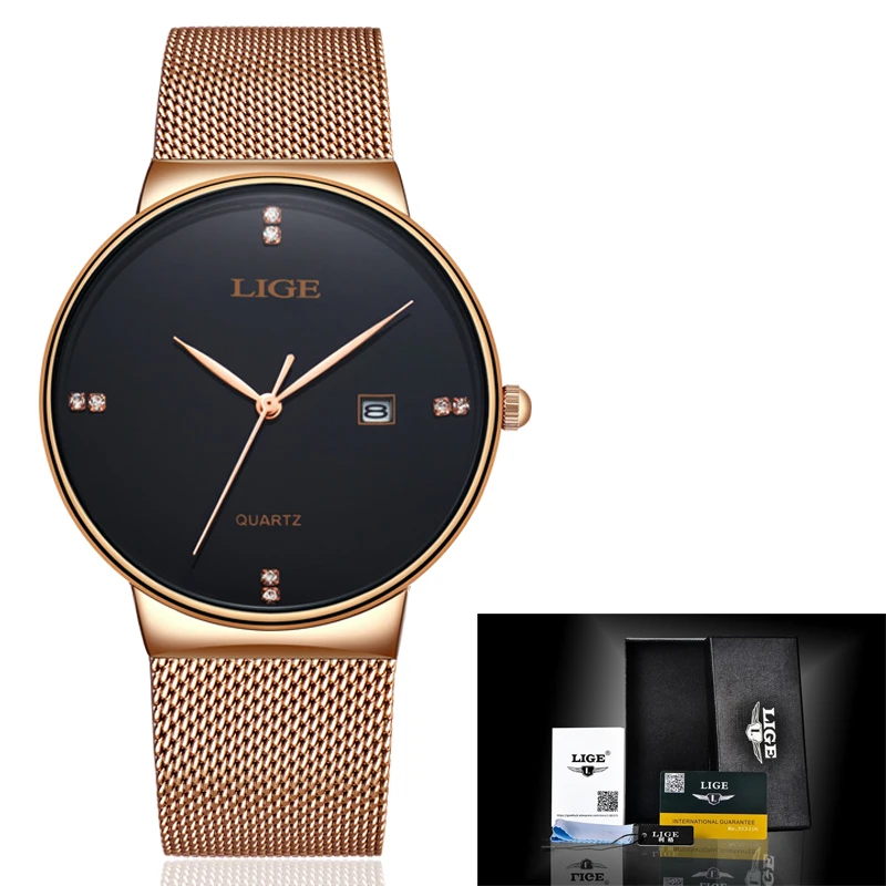 Relogio Feminino LIGE Women Watch Rose gold black Quartz Lady Casual Waterproof Simple Ladies watch Womens Wristwatch+Box | Наручные часы