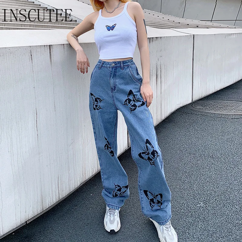 

Inscutee Streetwear Harajuku Butterfly Print Pants Women Vintage Y2k E-girl Grunge High Waist Casual Loose Straight Denim Pants