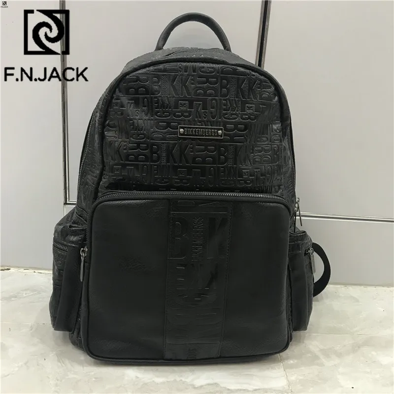 F.N.JACK New Leather Letter Bags Large Capacity Backpacks Split Leather Zipper Men Fashion Bag Students Travel Bagpack