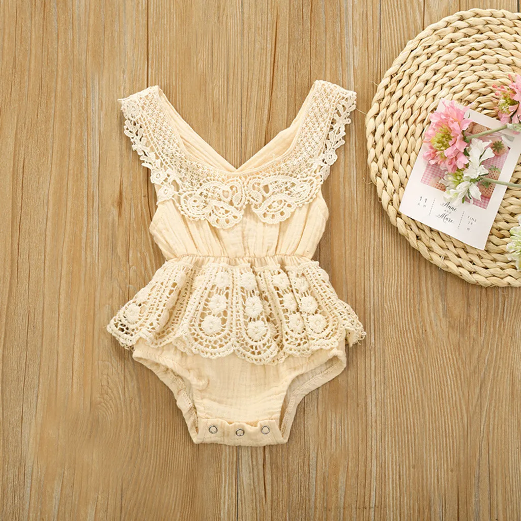 

Summer Baby Girl Clothes Linen Lace Bodysuit Summer Clothes For Baby Girl Clothing Backless Flower Sunsuit Baby Girls Bodysuit