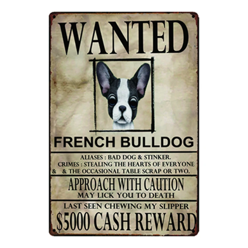

[ Kelly66 ] French Bulldog Dogs Wanied Metal Sign Tin Poster Home Decor Bar Wall Art Painting 20*30 CM Size y-2080