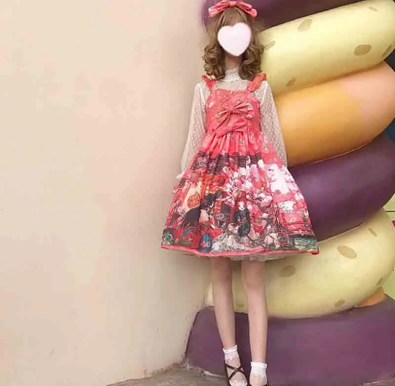 

Japanese Sweet Lolita Dress JSK Navy Red Bow Dress Soft Chiffon Girl Summer JSK Lolita Dress Cosplay For Girls Plus Size