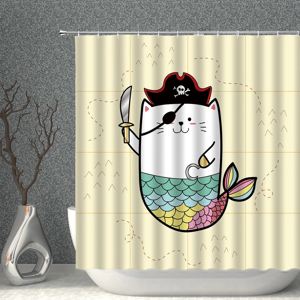 

Cartoon Shower Curtain Waterproof Set Cat Pirate Mermaid 3D Print Bath Curtains For Bathroom Screen Bathtub Partition Home Decor