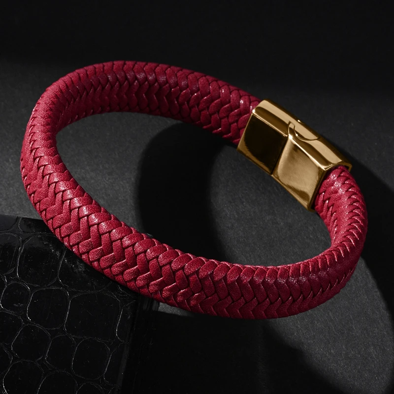 MOZO FASHION 2020 Punk Men Jewelry Red Braided Leather Bracelet Gold Stainless Steel Magnetic Clasp Fashion Women Bangles 161 | Украшения и