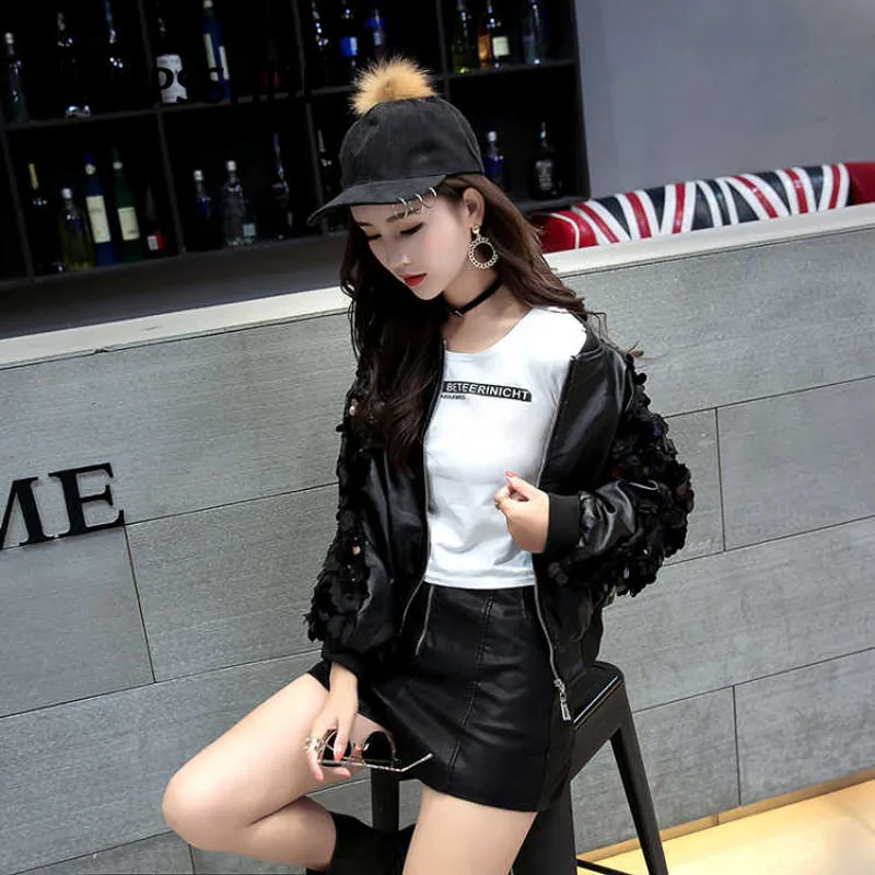 Женская куртка из искусственной кожи с блестками повседневная на молнии в стиле