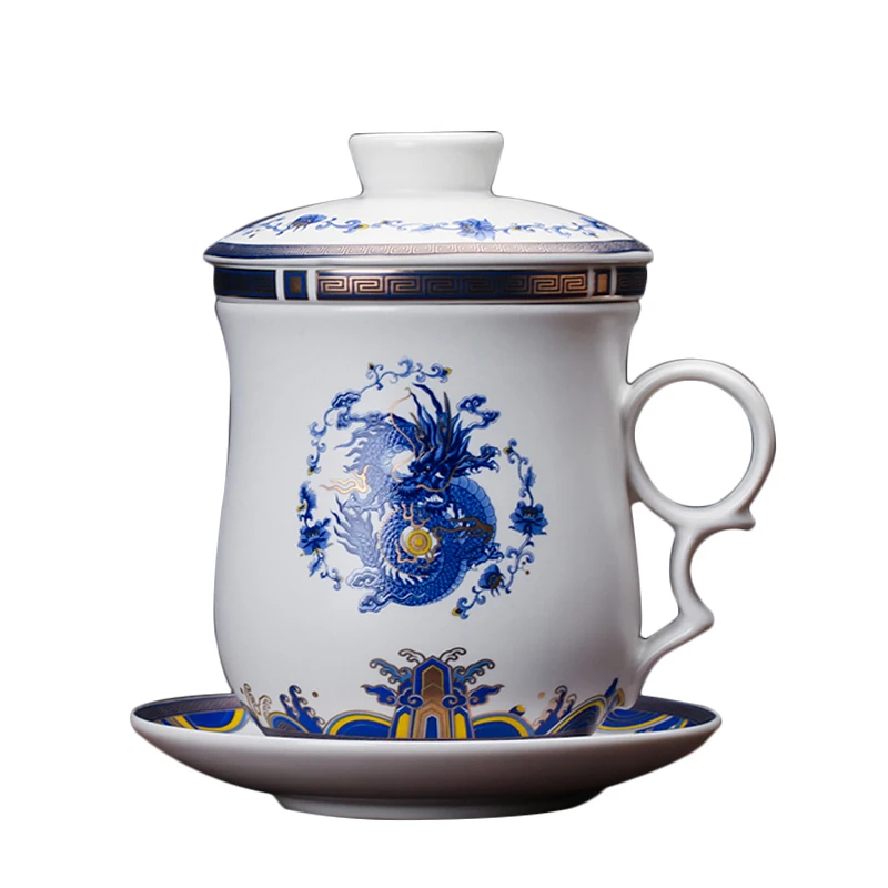 

350ml Tea Mug Porcelain Ceramic Coffee Mugs Jingdezhen Vintage Water Cup with Filter Lid Saucer Set Master Cups Drinkware Decor