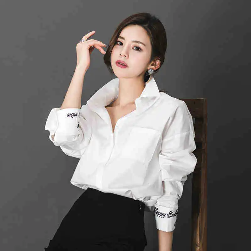 

Korean Elegant Shirt Blouse For Women New Long Sleeve Big Size Lazy OL Shirt Drop Shoulder Cuff Letter Embriodery White Shirts
