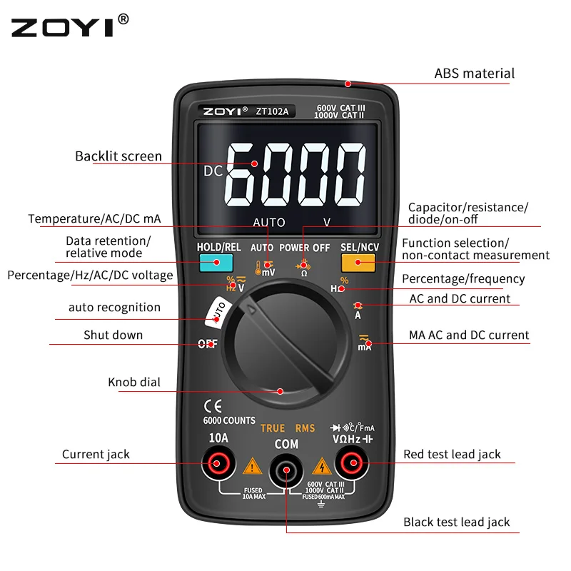 ZOYI Digital Multimeter ZT-98/100/101/102/102A Auto Ranging 6000 counts AC/DC Ammeter Voltmeter Ohm Hz Ture RMS tester Portable |