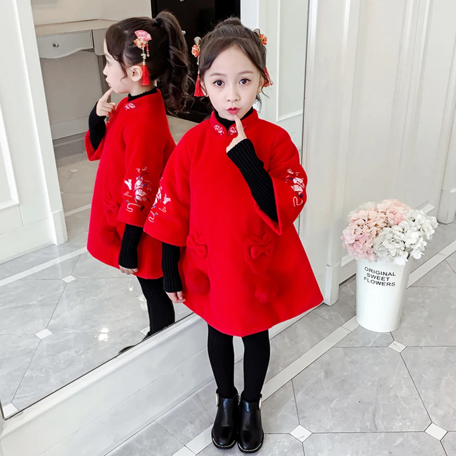 Пальто для девочек красное шерстяное пальто детская верхняя одежда с цветочной