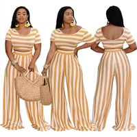 two piece suit womens fashion striped wide leg pants short sleeved t shirt top and trousers suit summer new casual wear 2021