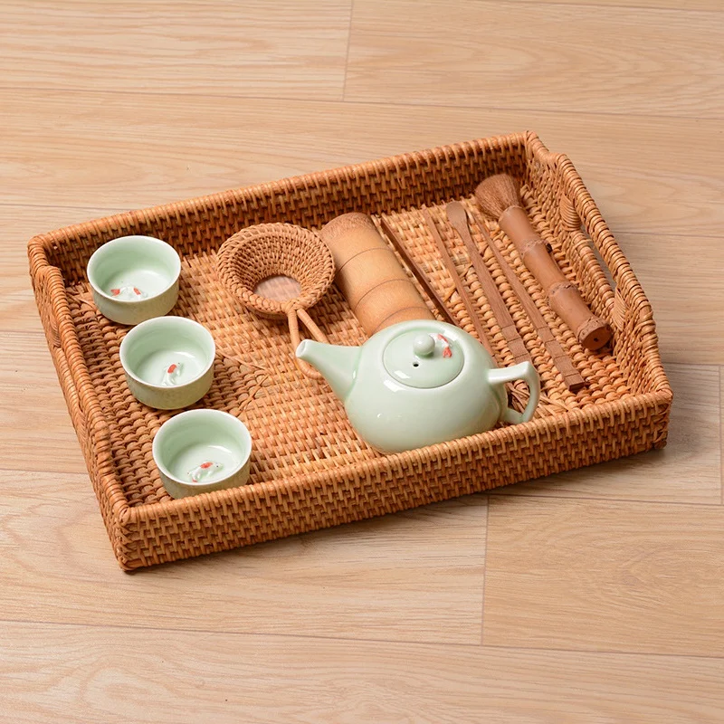 Rattan Woven Storage Fruit Basket Candy Snack Plate Cutlery Tray with Breakfast Bed Bar Dinner Rectangular | Дом и сад