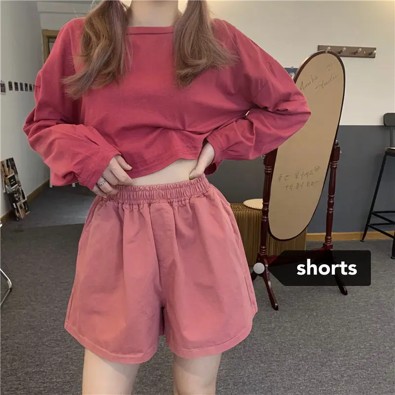 

Casual shorts women's 2021 summer new loose elastic waist solid color show thin high waist casual versatile wide leg hot pants