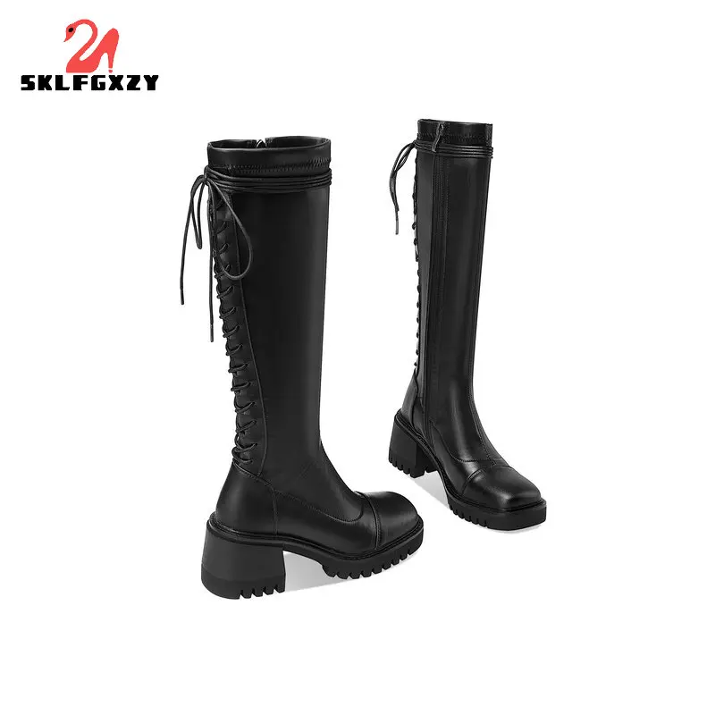 

Зимние европейские женские сапоги из натуральной воловьей кожи мотоциклетные сапоги до колена на шнуровке Длинная женская обувь для девоч...