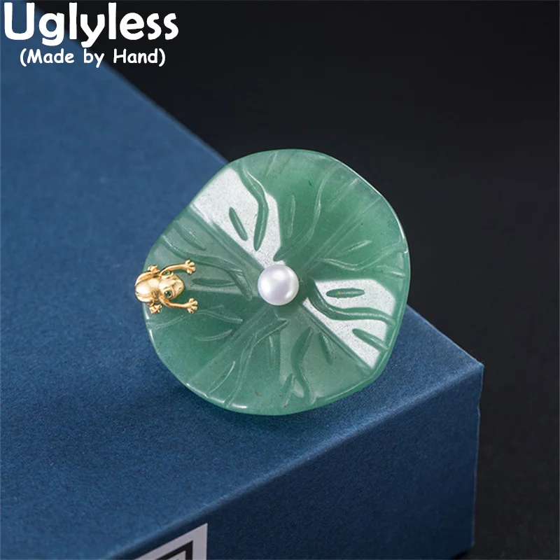 

Uglyless Charming Eastern Beauty Jade Lotus Leaf Pins for Women 925 Silver Frog Brooches for Men Elegant Dress Jewelry Pearls