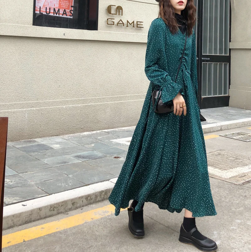 

Polka dot skirt fall / winter 2019 temperament V-neck drawstring skirt chiffon dress long skirt female