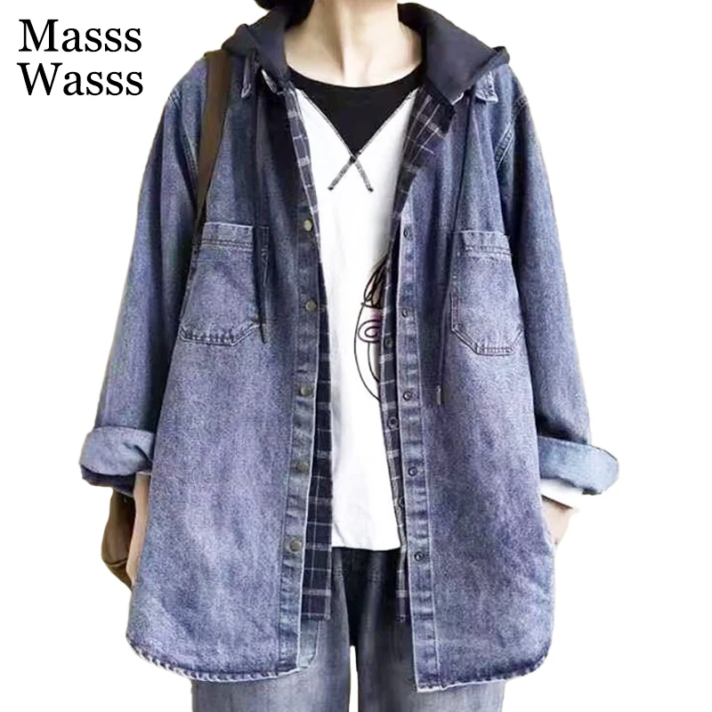 

Masss Wasss Autumn Blue Denim Hooded Trench Korean Style Women Plaid Casual Loose Windbreaker Lady Gothic Coat Harajuku Clothes