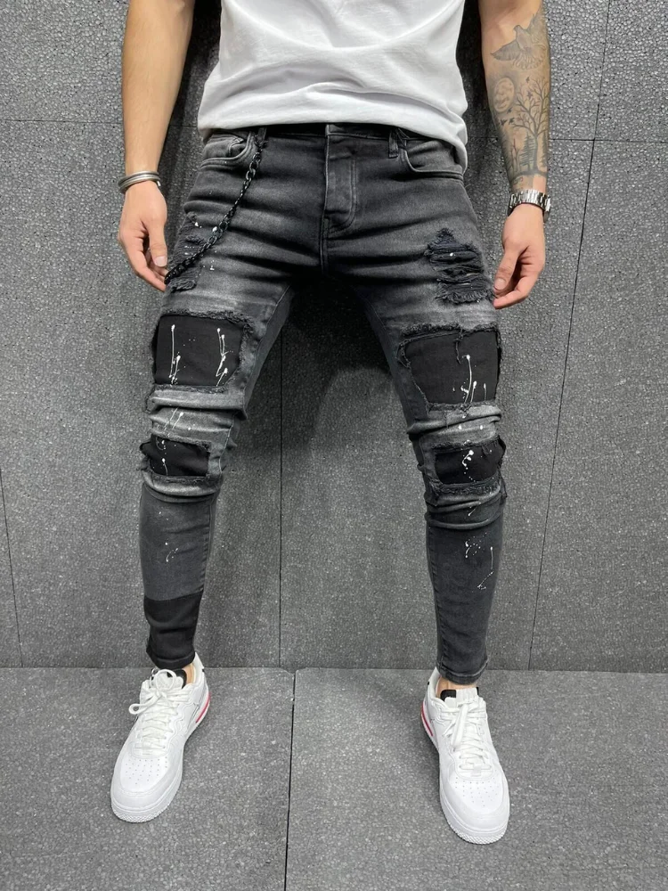 

2021 Men Skinny Painted Jeans Biker Ripped Grid Stretch Denim Pants Distressed Hip Hop Patchwork Jogging Denim Trousers Men