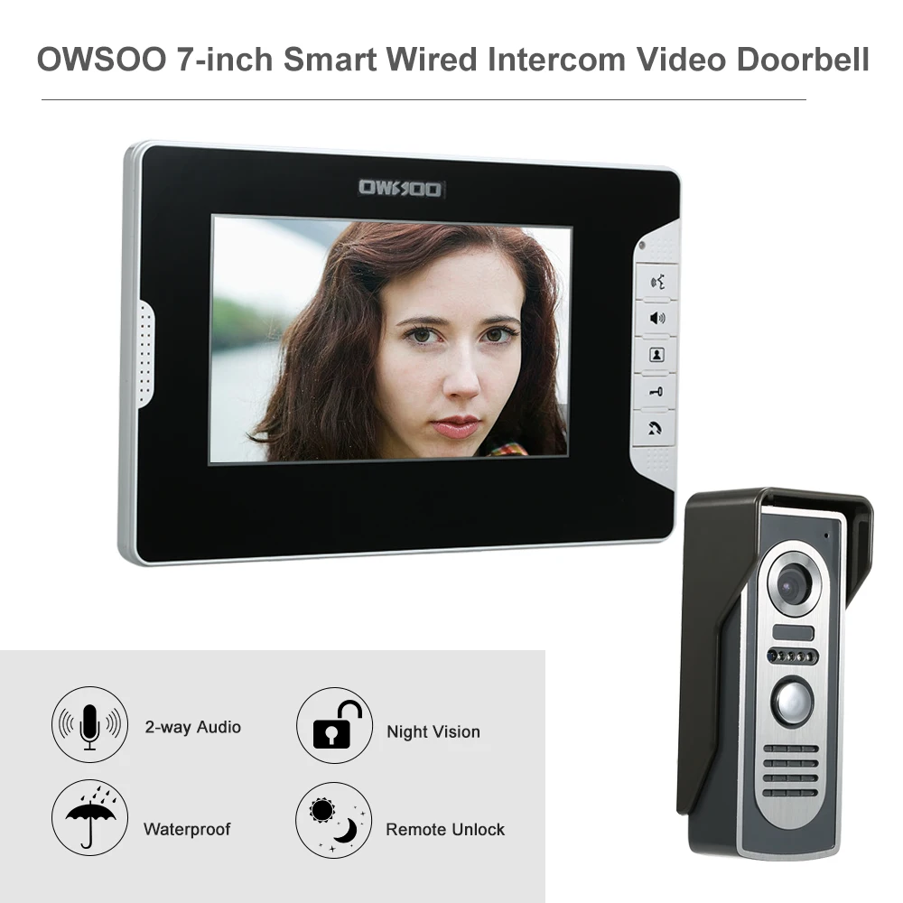 

OWSOO 7 Inch Video Door Phone Doorbell Intercom Kit 1 Indoor Monitor 1 Outdoor Camera Night Vision Hands-free Call Electric Lock