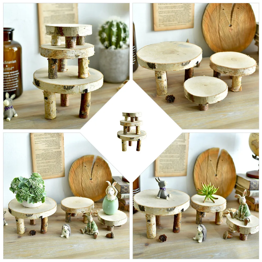 

3pcs Round Table Decor Wooden Table Wooded Craft Ornament Mini Wooden Table