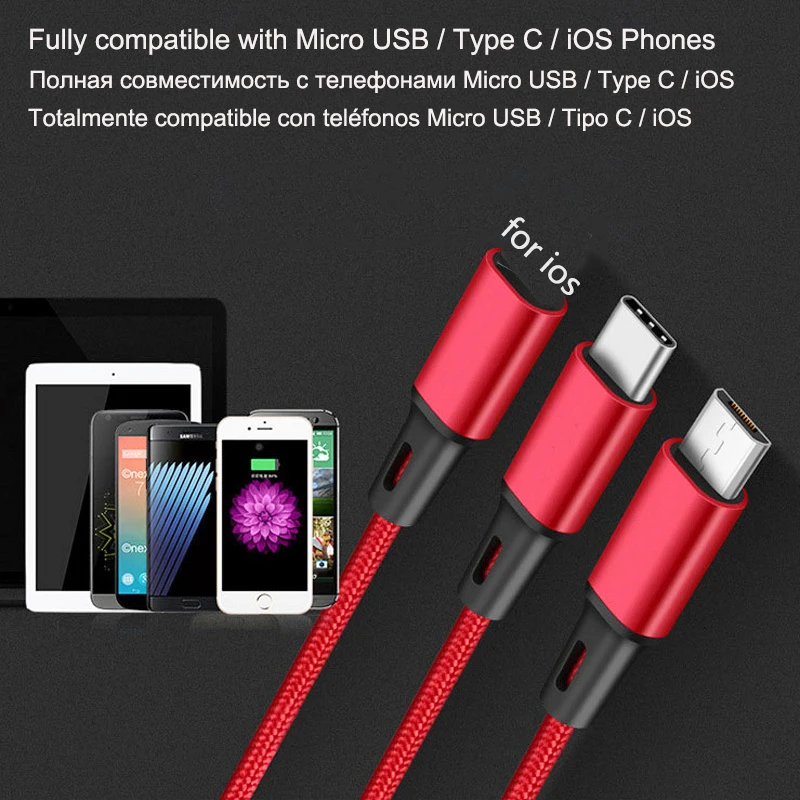 Кабель BaySerry 3 в 1 USB Type C для iPhone 11 Pro Max XR Быстрая зарядка Micro Samsung S9 Xiaomi Huawei провод