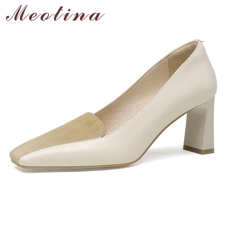 

Meotina High Heel Pumps Women Natural Genuine Leather Chunky Heels Shoes Square Toe Slip On Footwear Ladies Office Shoes Beige